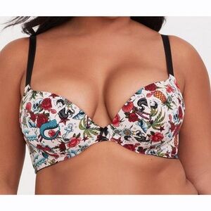 Torrid Curve XO Plunge Push Up Tattoo Bra Size 46C Underwire Plus Size